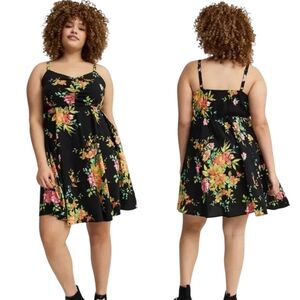 Torrid Mini Challis Skater Dress Deep Black Floral Flirty Resortwear Size 2/2X